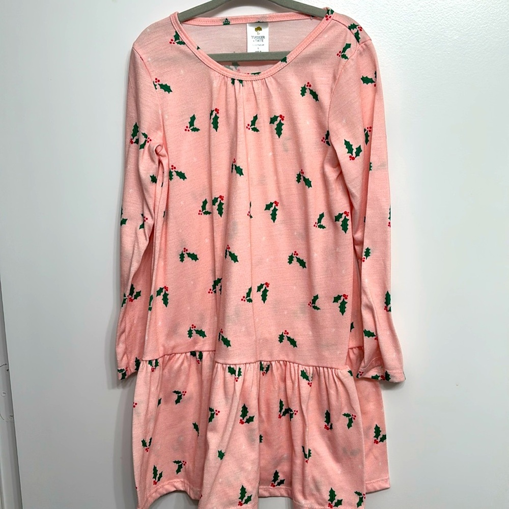 Tucker+Tate- long sleeve Christmas nightgown pink with green and red holly.